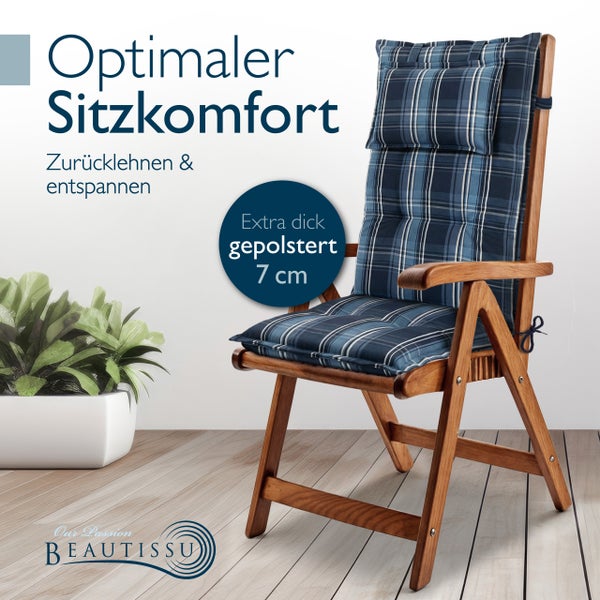 Holz-Gartenstuhl mit einer 7 Zentimeter dicken, karierten Hochlehner-Auflage für bequemes Sitzen und Beautissu Logo.