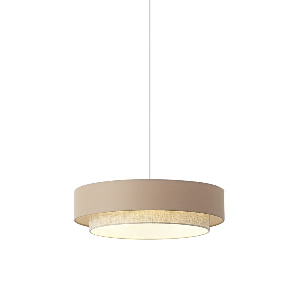 Pendelleuchte mit zweistufigem Textilschirm in Beige und Naturweiß.