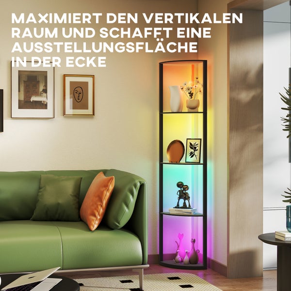 Hohes Eckregal mit RGB-LED-Beleuchtung zur optimalen Raumnutzung und Dekoration im Wohnzimmer.