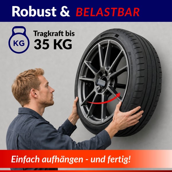 Ein Mann montiert ein Autoreifen mit Felge an eine Wandhalterung mit einer Tragkraft von bis zu 35 Kilogramm.