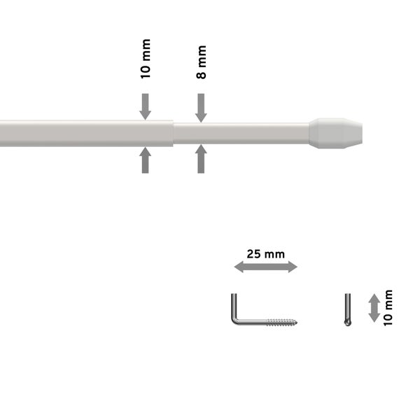 Weiße ausziehbare Vitragenstange, Außendurchmesser 10 Millimeter, Innendurchmesser 8 Millimeter, inklusive L-Haken 25 mal 10 Millimeter.