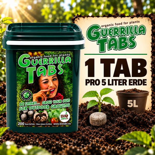 Kunststoffeimer mit 200 organischen Guerilla Tabs Langzeitdüngertabletten für Pflanzen für den Außenbereich Dosierung 1 Tablette pro 5 Liter Erde