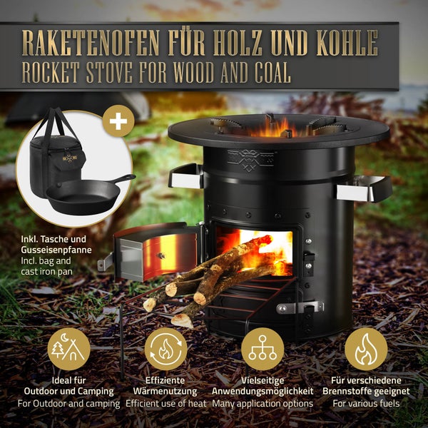 BBQ#BOSS Raketenofen mit Grillpfanne, Tragetasche + Power Ring, Schwarz, Campingkocher Holz mit Brennholzständer, Camping BBQ Holzofen zum Kochen, Outdoor-Küche, Raketenherd Dutch Oven Campinggrill