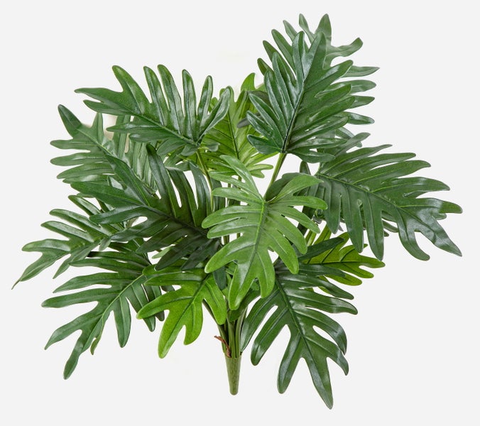 Künstliche Philodendron-Blätter mit tiefen Einschnitten und strukturiertem Stiel.