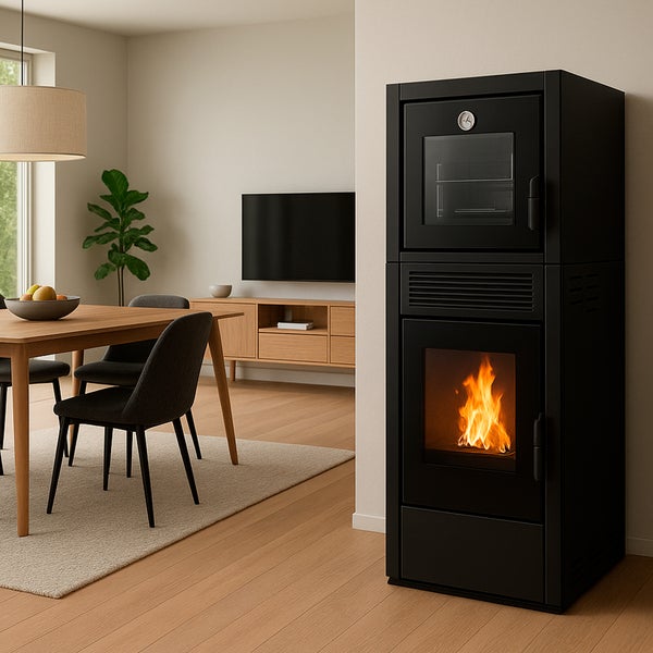 Modernes Wohnzimmer mit schwarzem Pelletofen und Esstisch