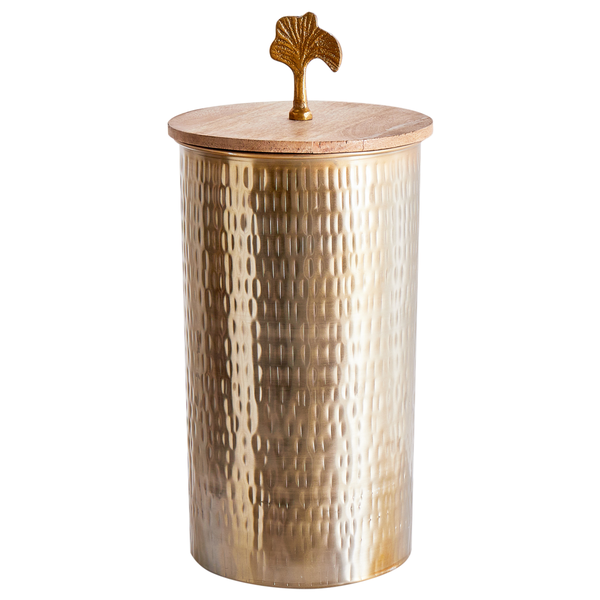 Vorratsdose aus Metall in Gold-Optik mit Hammerschlag-Struktur, Holzdeckel und Ginkgoblatt-Griff.