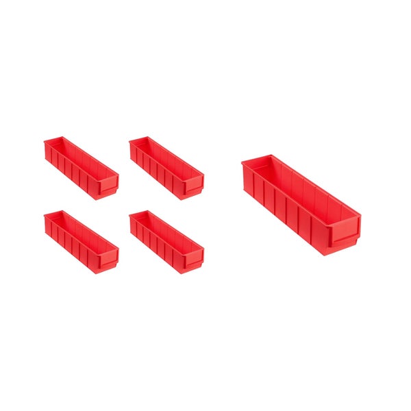 PROREGAL SparSet 5 x Rote Industriebox 400 S HxBxT 8,1 x 9,1 x 40 cm 2,2 Liter Sichtlagerkasten Sortimentskasten Sortimentsbox Kleinteilebox