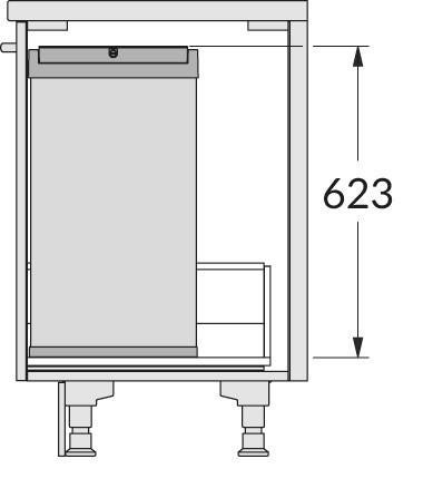 Technische Zeichnung eines Abfallsystems im Unterschrank mit einer Maßangabe von 623 Millimetern für die Höhe.