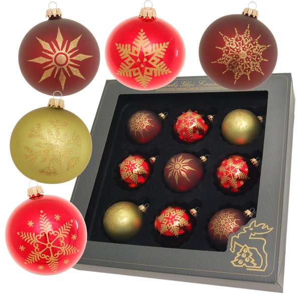 Rot/Grün glanz/matt 8cm Glaskugelsortiment mit Schneeflocken dekoriert, 9 Stk./Box, handdekoriert, 9 Stck., Weihnachtsbaumkugeln, Christbaumschmuck, Weihnachtsbaumanhänger