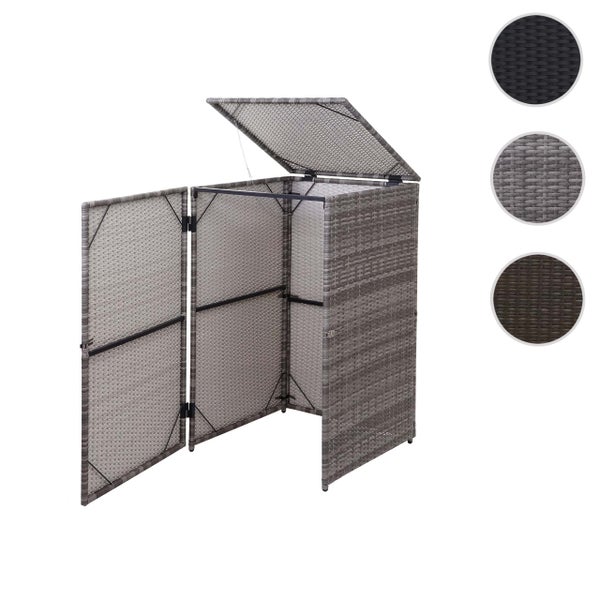 Mülltonnenbox aus Polyrattan mit geöffneten Türen und Deckel