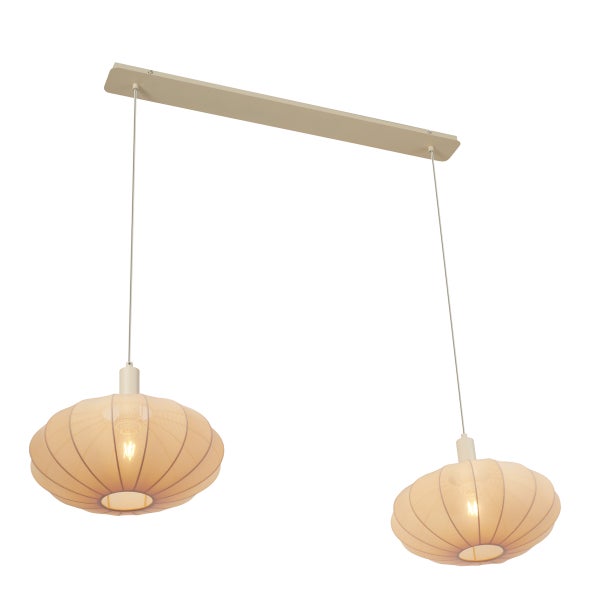 Zweiflammige Pendelleuchte mit kürbisförmigen Stoffschirmen in Beige und einer rechteckigen Deckenhalterung.