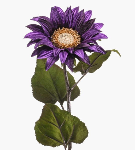 Künstliche Sonnenblume in Violett mit goldenem Zentrum und grünen Blättern.
