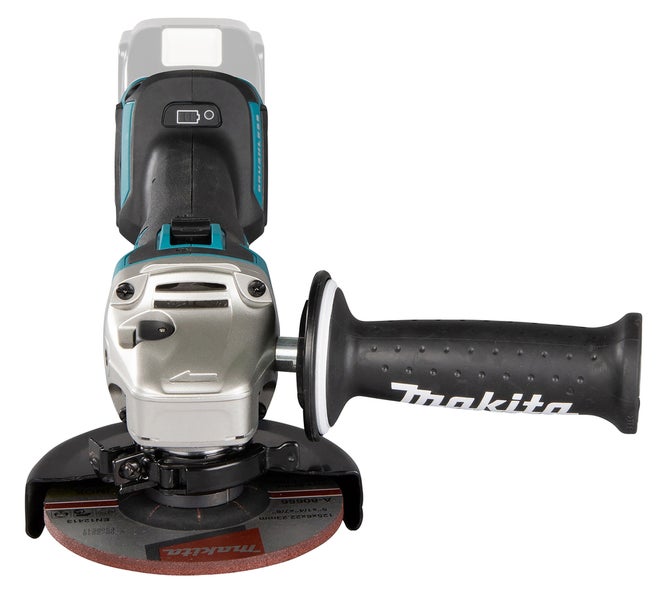 Makita Akku-Winkelschleifer mit bürstenlosem Motor, Seitengriff und Schleifscheibe in der Draufsicht.