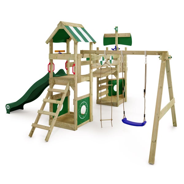 WICKEY Spielturm Klettergerüst StormFlyer mit Schaukel und Rutsche, Baumhaus mit Sandkasten, Kletterleiter und Spiel-Zubehör - grün