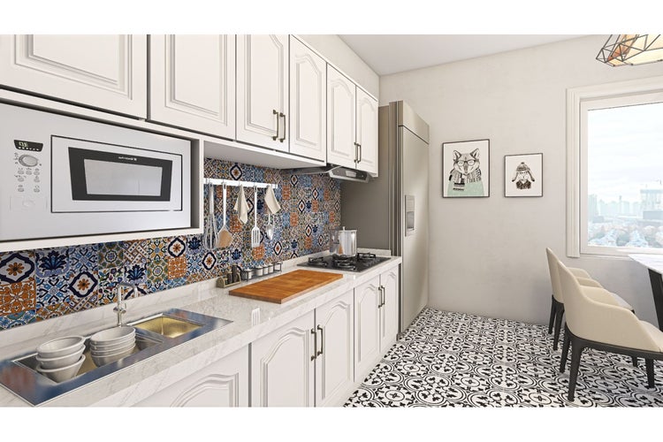 Helle Küche mit Fliesenwand, Einbauschränken und Geräten