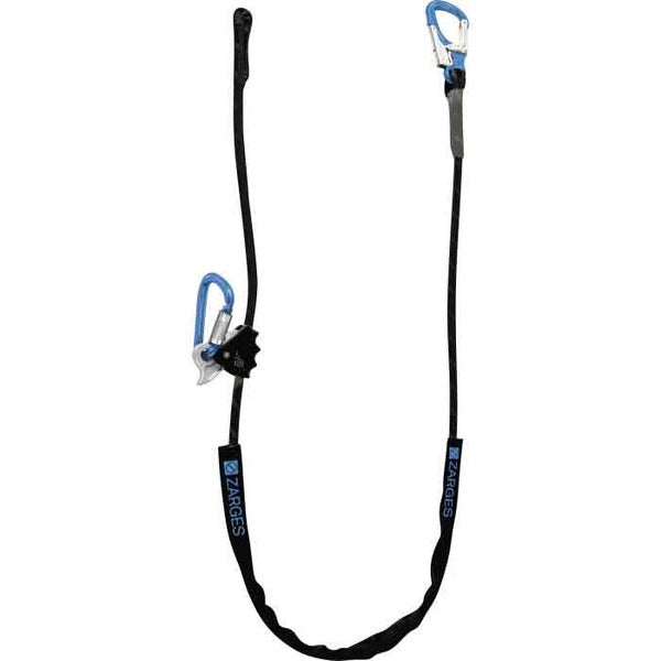Zarges Absturzsicherung mit schwarzen Seilen und blauen Karabinerhaken.