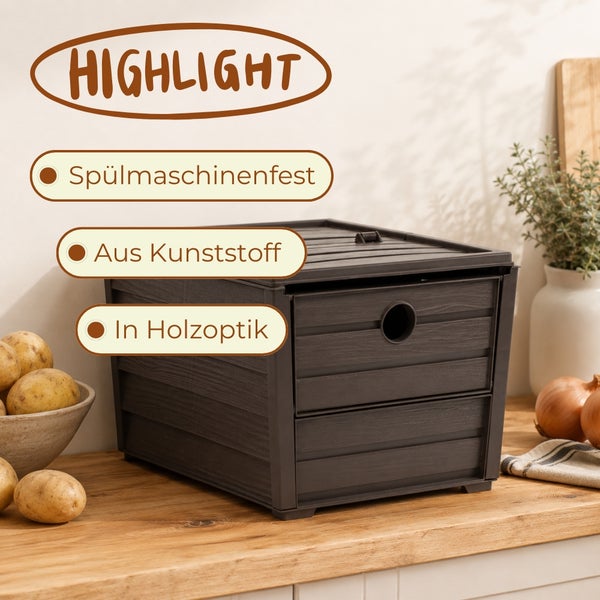 Spülmaschinenfeste Aufbewahrungsbox aus Kunststoff in Holzoptik mit zwei Schubladen auf einer hölzernen Arbeitsplatte.