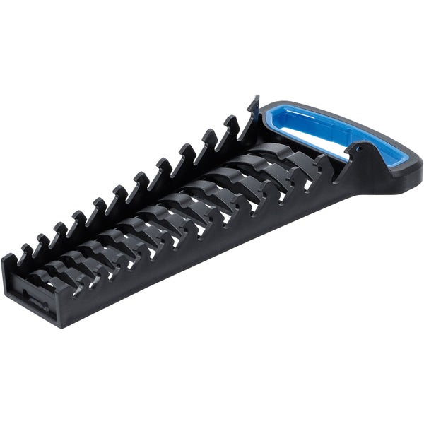 Halter für Maulschlüssel aus Kunststoff in Schwarz und Blau mit praktischem Tragegriff.