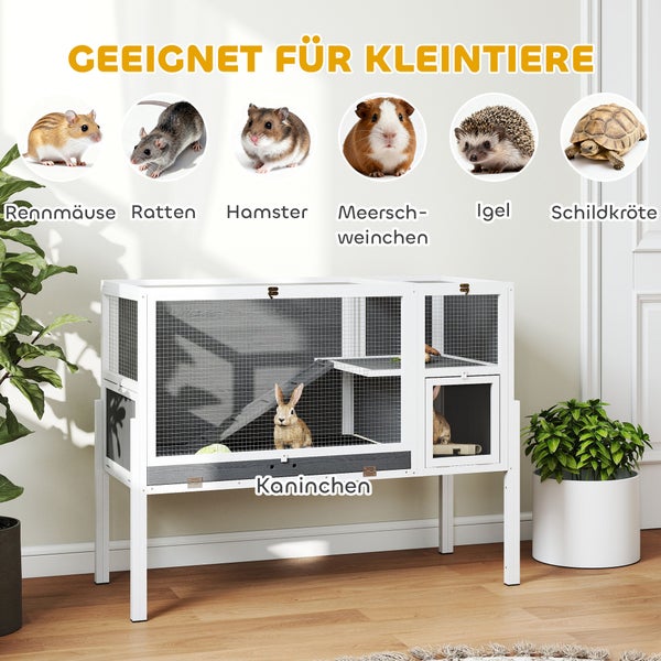 Weißer Kleintierstall aus Holz auf Beinen, geeignet für Kaninchen, Meerschweinchen, Hamster, Ratten, Rennmäuse, Igel und Schildkröten.