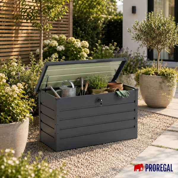Geöffnete Gartenbox aus Metall in Anthrazit mit Gartenwerkzeugen und Pflanzen auf einer Kiesterrasse in einem organisierten Garten. Proregal Logo.