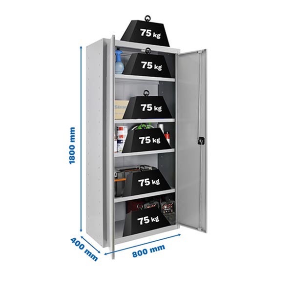 Stahlschrank mit sechs Fächern, offen und mit Maßen versehen