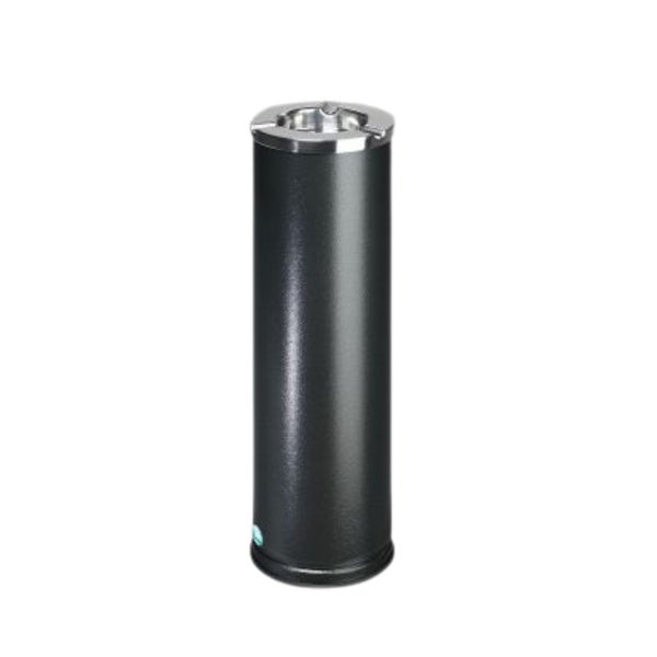 Zylindrischer Standascher aus Metall mit silberfarbenem Aufsatz.