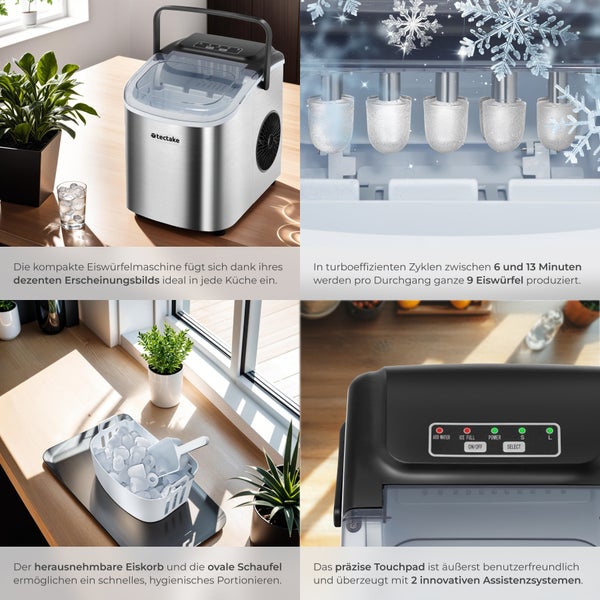 Eiswürfelmaschine tectake Arctic inklusive Eiskorb und Eisschaufel 1,2 l Wassertank, 2 Eiswürfelgrößen silber