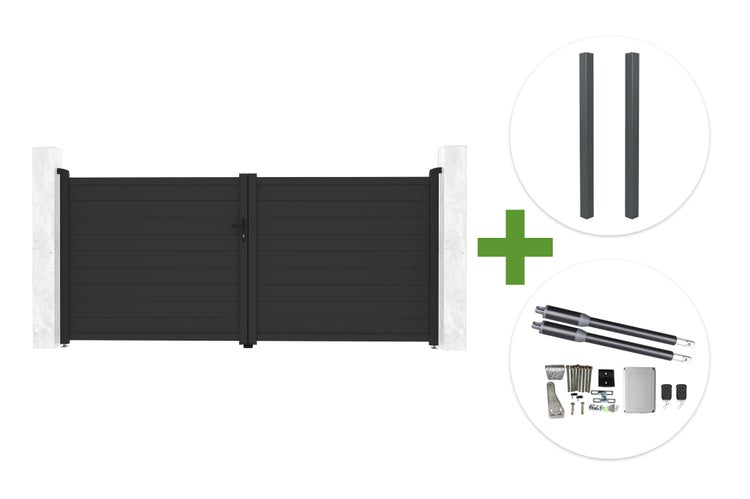 Aluminium-Einfahrtstor-Set in Anthrazit, zweiflügelig, inklusive zwei Pfosten und elektrischem Torantrieb mit Fernbedienungen und Montagezubehör.