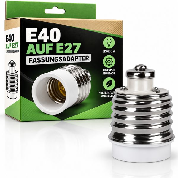 Fassungsadapter E40 auf E27 zum Umrüsten von Leuchtmitteln inklusive Verpackung