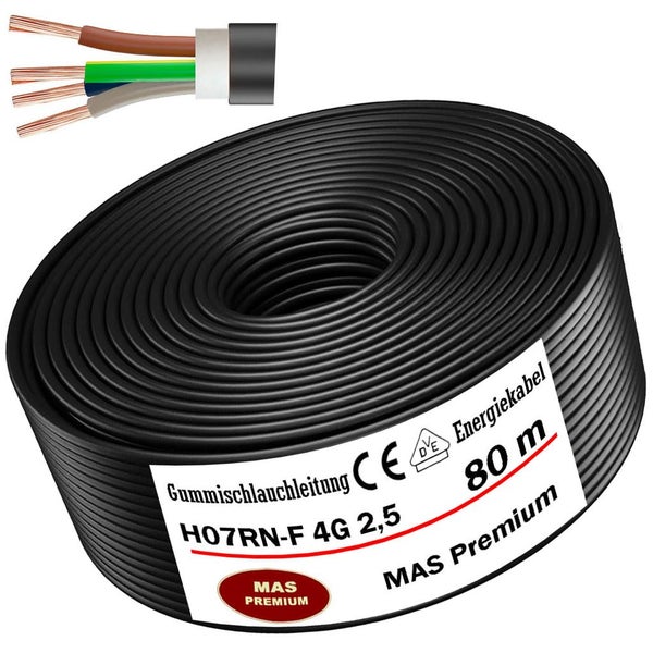 Gummischlauchleitung H07RN-F 4G 2,5 von MAS Premium, 80 Meter Rolle, vieradriges Energiekabel.