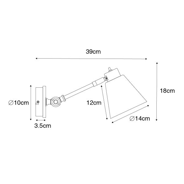 Technische Zeichnung einer Wandleuchte mit Abmessungen