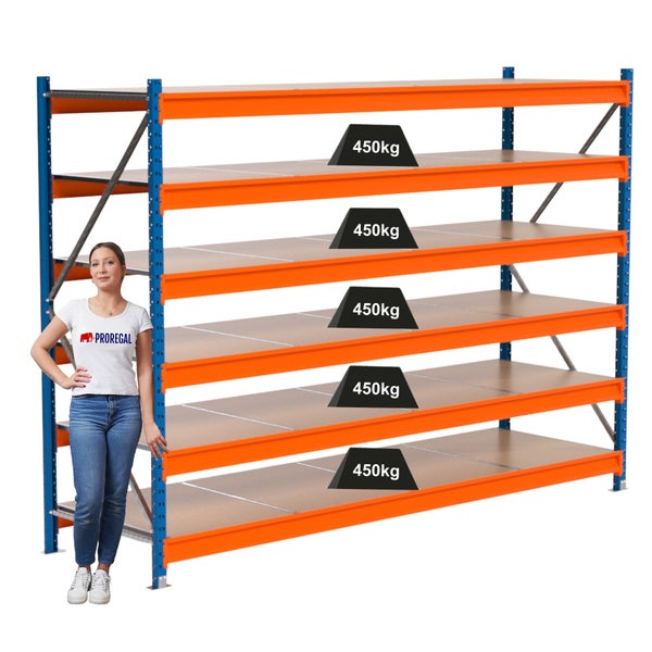 Regalsystem mit fünf Ebenen und einer maximalen Traglast von 450 Kilogramm pro Ebene.