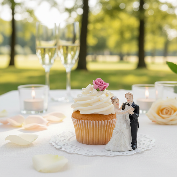 Hochzeitsdekoration mit Cupcake, Brautpaar-Figur, Sektgläsern und Teelichtern auf einem weiß gedeckten Tisch im Freien.