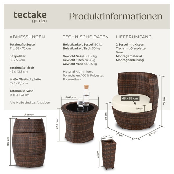 Rattan Sitzgruppe tectake Nizza stapelbar mit Aluminiumgestell schwarz/braun