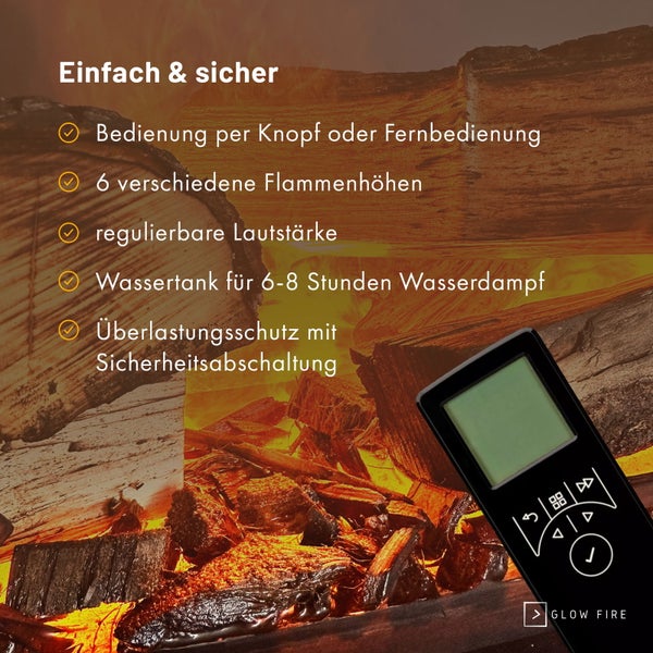 GLOW FIRE Elektrokamin 'Tucholsky Right Corner' | Wasserdampf Kamin mit OMC 600 inkl. Holz in schwarz als Raumteiler | HxBxT: 140x90x45 cm