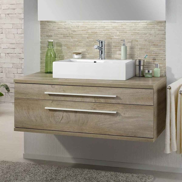 Waschtischunterschrank mit zwei Schubladen und Aufsatzwaschbecken im Badezimmer