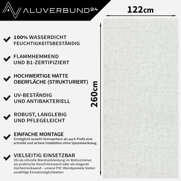 Wandpaneel mit 122 Zentimeter mal 260 Zentimeter Maßen und strukturiertem Design inklusive Produktvorteilen wie wasserdicht und flammenhemmend.