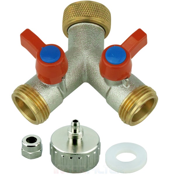 Zwei-Wege-Verteiler aus Metall mit zwei Absperrhähnen inklusive Adapter und Dichtung für Gartenbewässerung