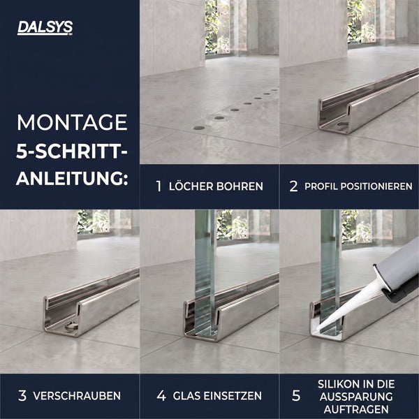 Dalsys Logo. Fünf-Schritt-Montage für Glasprofil: Löcher bohren, Profil positionieren, verschrauben, Glas einsetzen und Silikon auftragen.