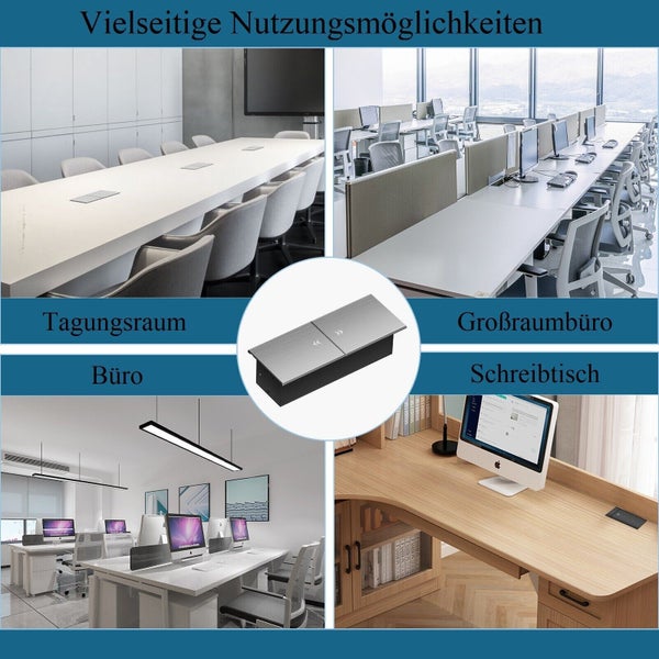 Versenkbare Einbausteckdose für Büroschreibtische und Konferenztische, dargestellt in verschiedenen Anwendungsbereichen wie Tagungsräumen.