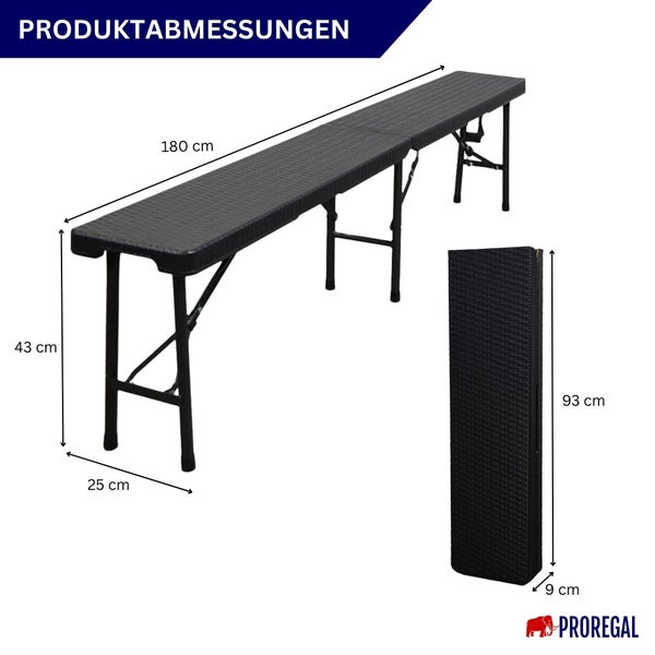 Abmessungen eines Klapptisches mit den Maßen 180 x 43 x 25 Zentimeter im aufgebauten Zustand und 93 x 9 Zentimeter im zusammengeklappten Zustand