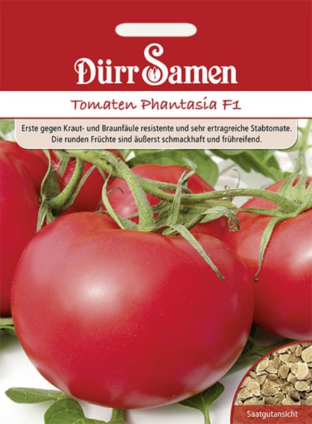 Samenpackung Dürr Samen Tomaten Phantasia F1 mit Abbildung roter Tomaten an der Rispe und Detailansicht der Samen.