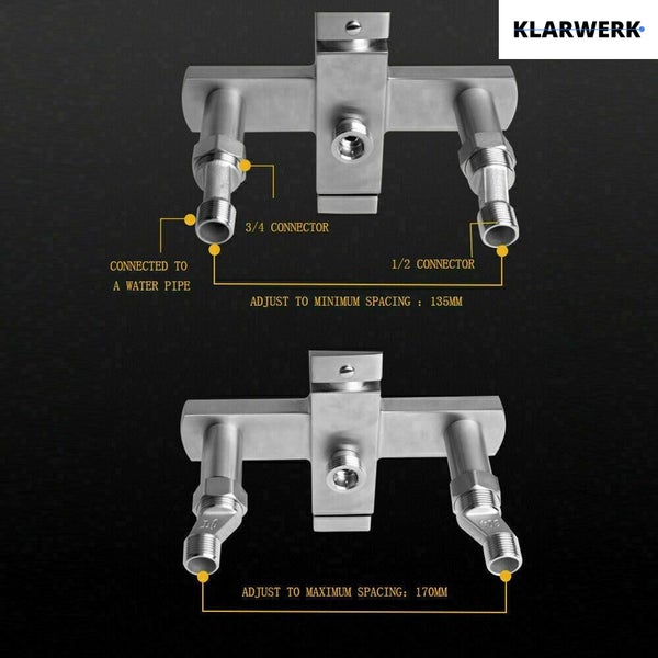 Klarwerk Wandanschlussbogen mit verstellbarem Abstand von 135 bis 170 Millimeter und 1/2 Zoll sowie 3/4 Zoll Anschlüssen für Wasserleitungen.