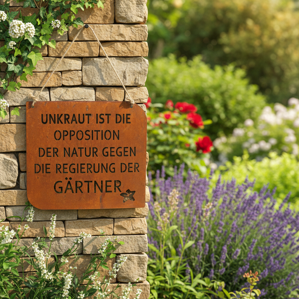 Dekoratives Metallschild in Rostoptik mit Spruch an einer Natursteinmauer in einem hellen, gepflegten Garten mit Lavendel.
