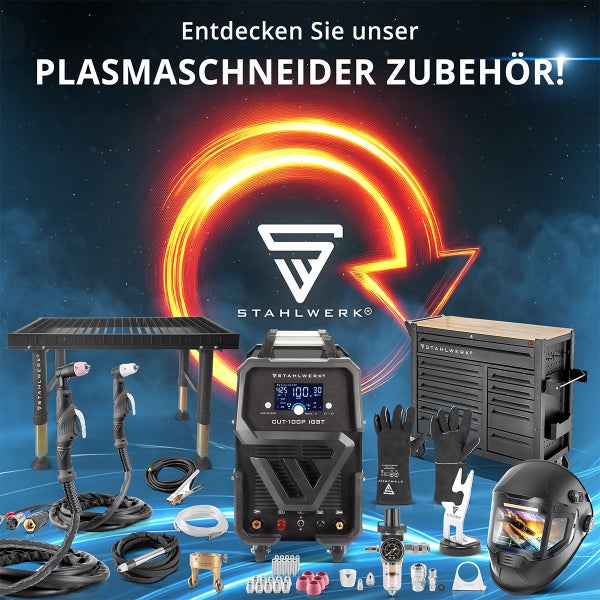 STAHLWERK Plasmaschneider Zubehör Set mit Plasmaschneider, Schweißtisch, Werkzeugwagen und Schutzausrüstung