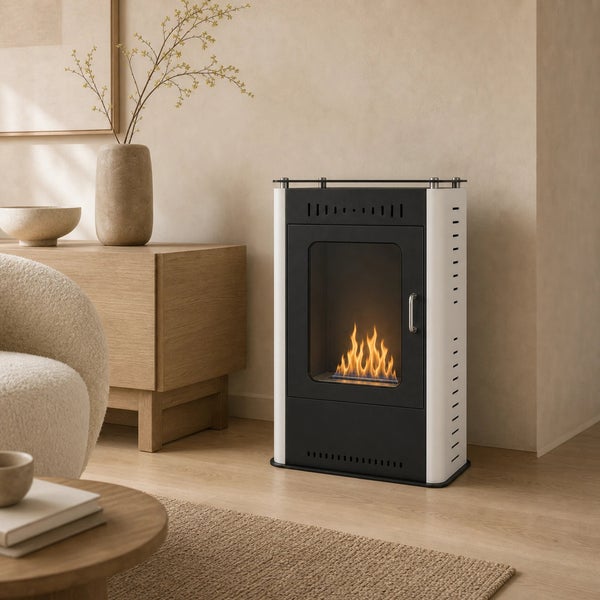 Freistehender Bioethanol Kamin mit Sichtfenster in modernem Wohnzimmer mit Holzmöbeln und Dekorationsgegenständen.