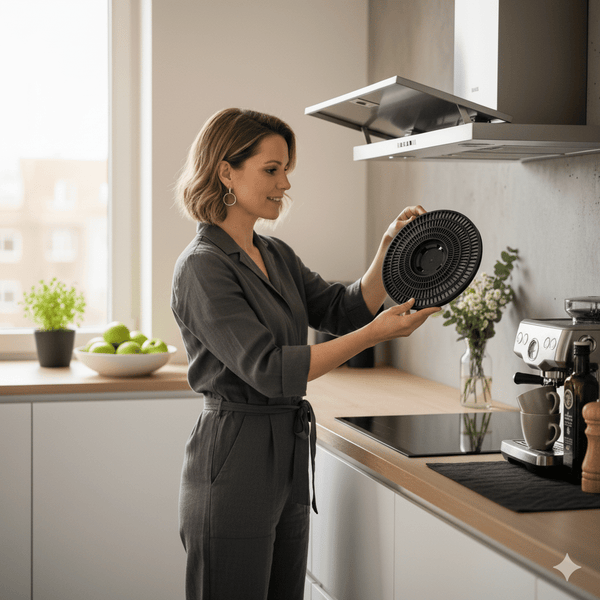 Frau hält einen runden, schwarzen Dunstabzugsfilter in einer hellen Küche.