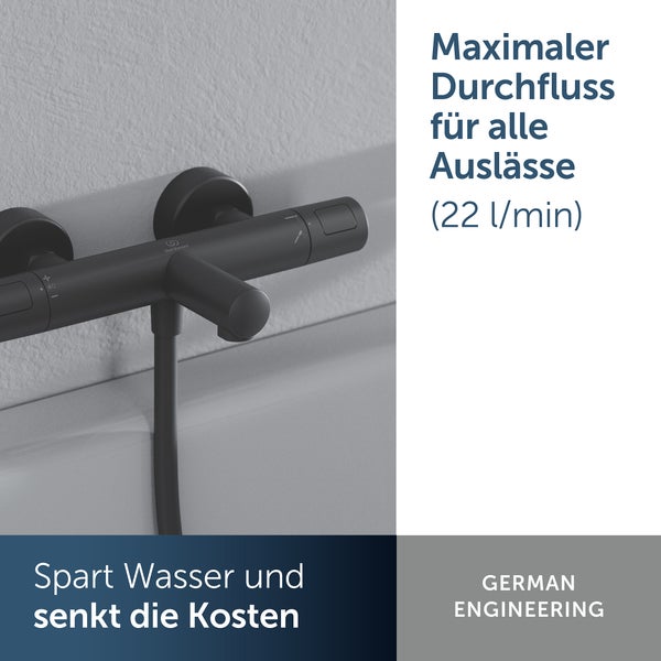 Wandmontierte Thermostat-Badewannenarmatur mit Ideal Standard Logo und Text zur Wassereinsparung