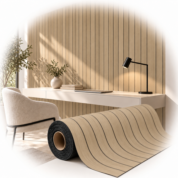 Eine Rolle Designbelag mit Holzoptik und dunklen Fugen im Vordergrund vor einer modernen Wandvertäfelung in einem hellen Arbeitszimmer.