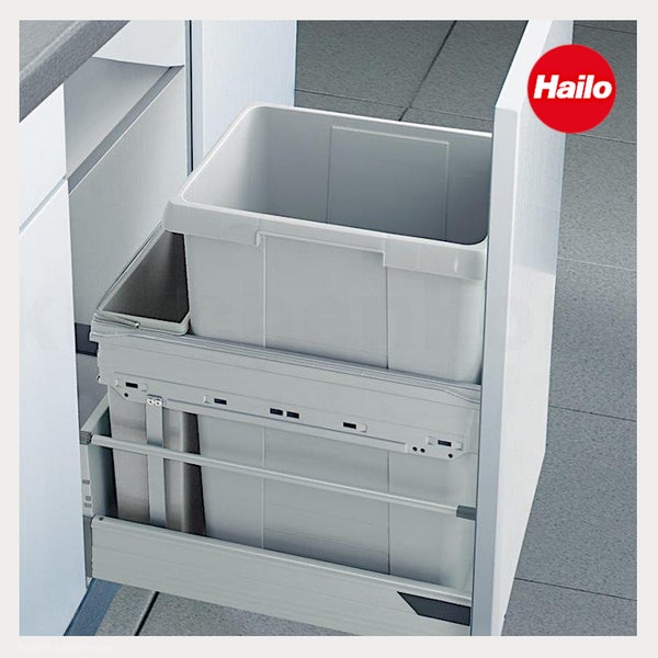 Einbau-Abfallsammler für Küchenschränke mit zwei Kunststoffbehältern in einem Metallauszug. Hailo Logo.